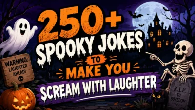 250+ spooky jokes Halloween banner with ghost, skeleton, haunted house, pumpkin, bats, and moon for funny Halloween laughs