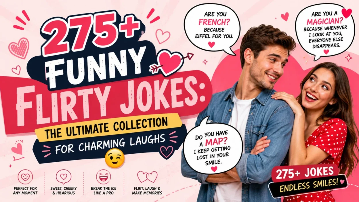 275+ funny flirty jokes banner with a smiling couple, romantic hearts, and playful pickup lines for charming laughs
