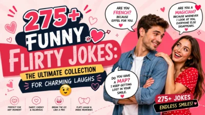 275+ funny flirty jokes banner with a smiling couple, romantic hearts, and playful pickup lines for charming laughs