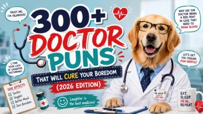 300+ doctor puns featuring a funny golden retriever doctor in a playful medical-themed 2026 graphic