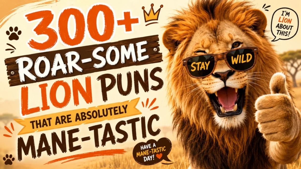 300+ funny lion puns graphic with a playful lion wearing sunglasses and the words Roar-Some Lion Puns