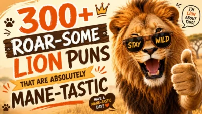 300+ funny lion puns graphic with a playful lion wearing sunglasses and the words Roar-Some Lion Puns