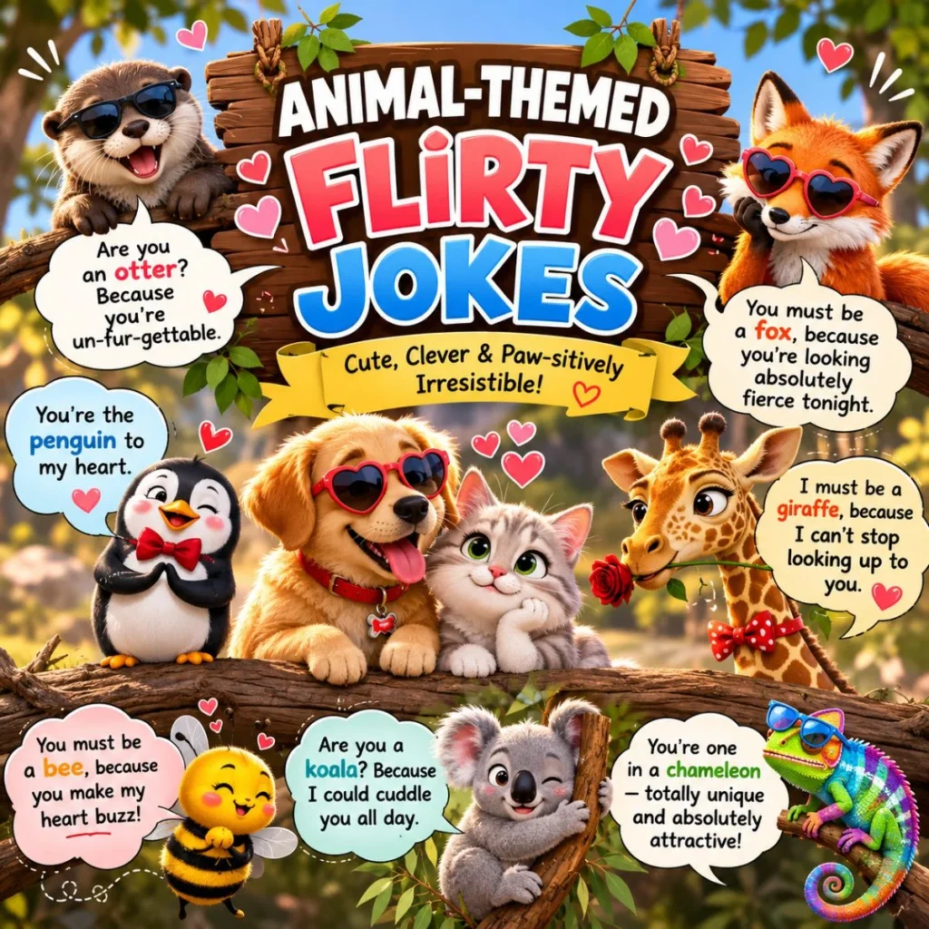 Cute animal-themed flirty jokes poster with a golden retriever, tiger, panda, otter, and funny romantic animal pickup lines.