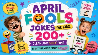 Colorful April Fools jokes for kids banner with laughing children, prank props, and 200+ clean, silly family-friendly puns.