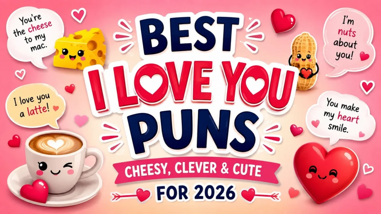 Best I Love You puns graphic with cheesy, clever, and cute love messages for 2026