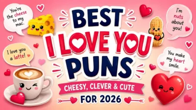 Best I Love You puns graphic with cheesy, clever, and cute love messages for 2026