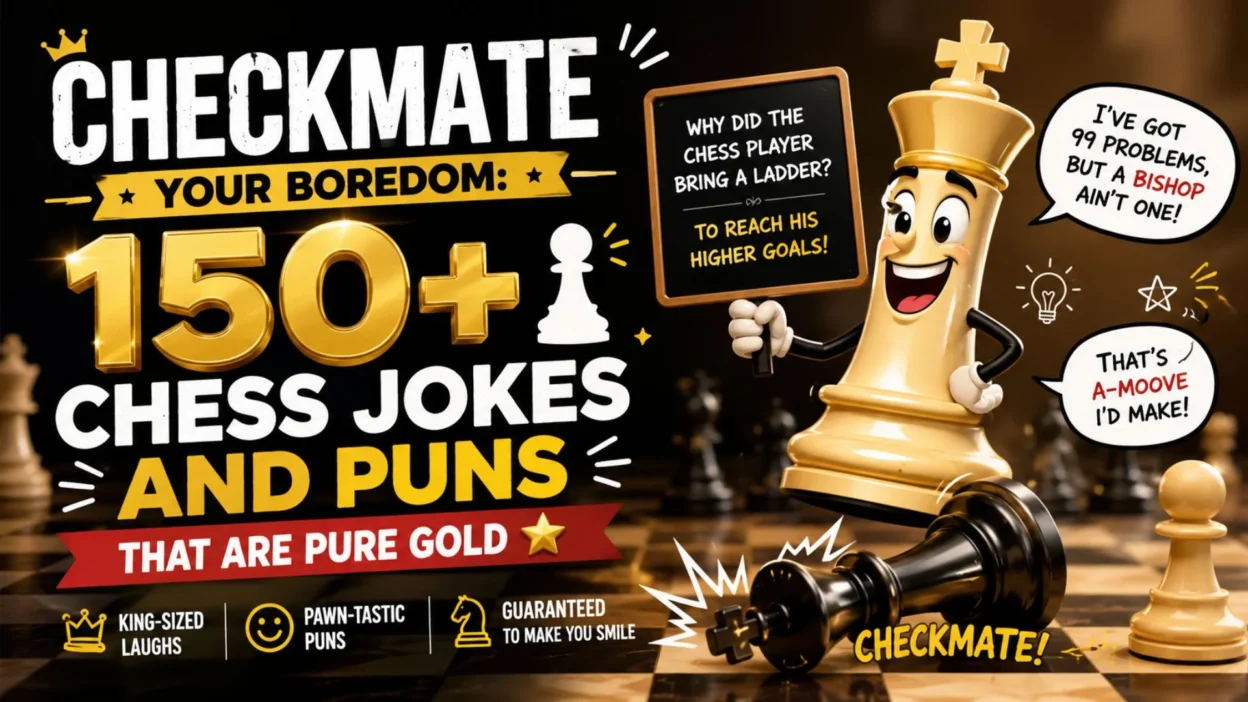 Colorful chess jokes and puns banner with smiling king chess piece, a chessboard, and funny checkmate-themed humor.