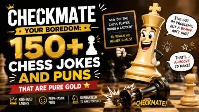 Colorful chess jokes and puns banner with smiling king chess piece, a chessboard, and funny checkmate-themed humor.