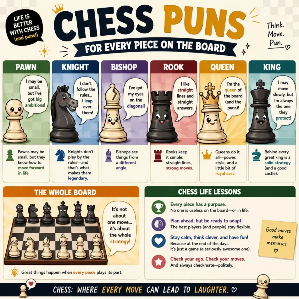 Colorful chess puns infographic featuring every chess piece with funny jokes, strategy tips, and life lessons for chess lovers.