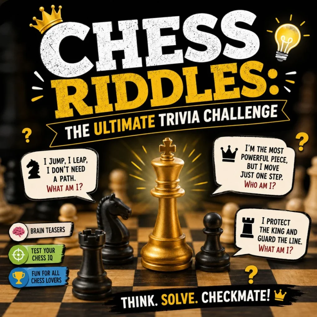 Chess riddles trivia challenge poster with golden king, chess pieces, brain teasers, and bold black-and-gold design.