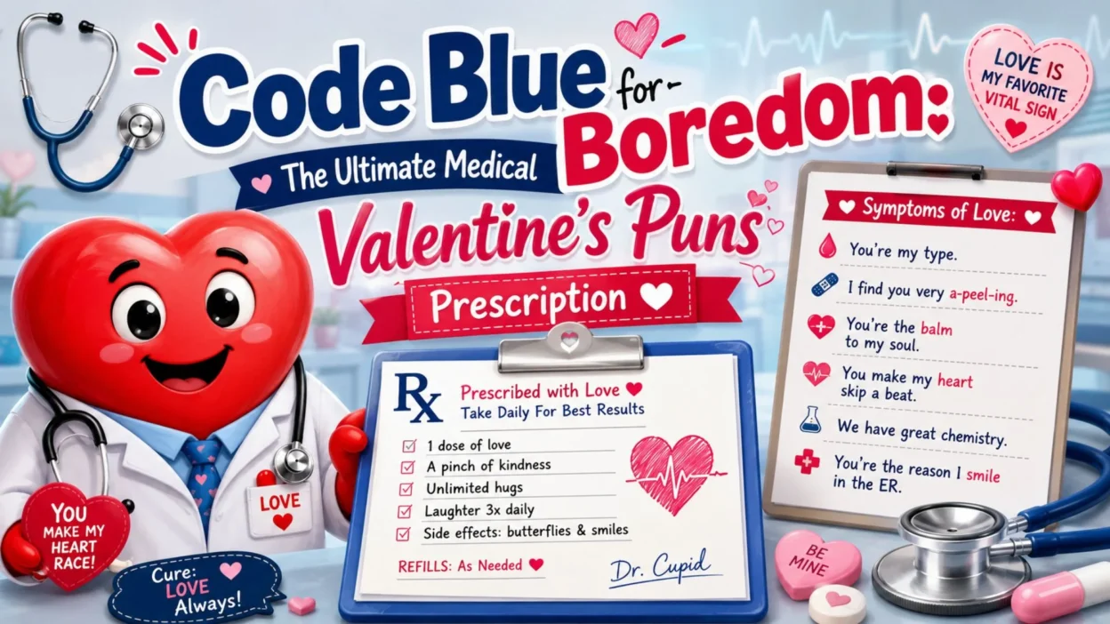 Cute heart doctor with stethoscope and prescription board featuring funny medical Valentine's puns in a colorful hospital-themed design.