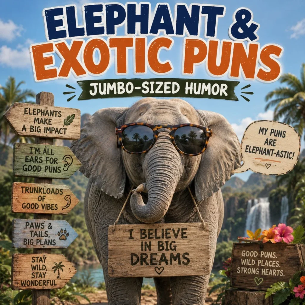 Elephant with exotic safari animals and funny jungle puns in a colorful tropical illustration with a jumbo-sized humour theme.