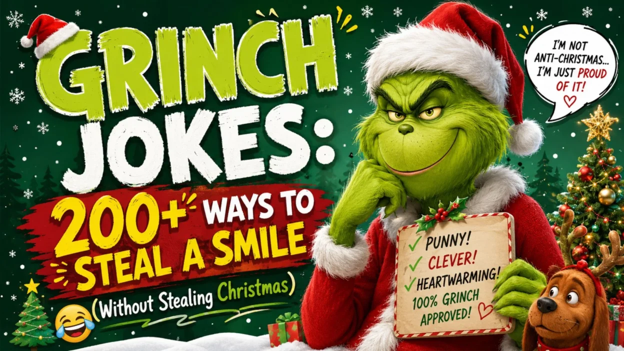 Grinch jokes Christmas banner with funny green Grinch, Santa hat, festive tree, and 200+ holiday jokes to steal a smile.