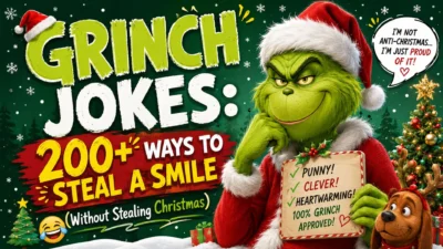 Grinch jokes Christmas banner with funny green Grinch, Santa hat, festive tree, and 200+ holiday jokes to steal a smile.