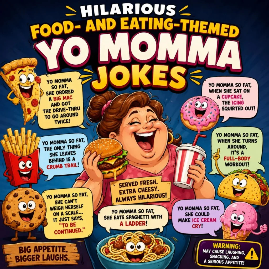 Funny food-themed Yo Momma jokes poster featuring burgers, pizza, fries, donuts, tacos, and playful cartoon food characters.