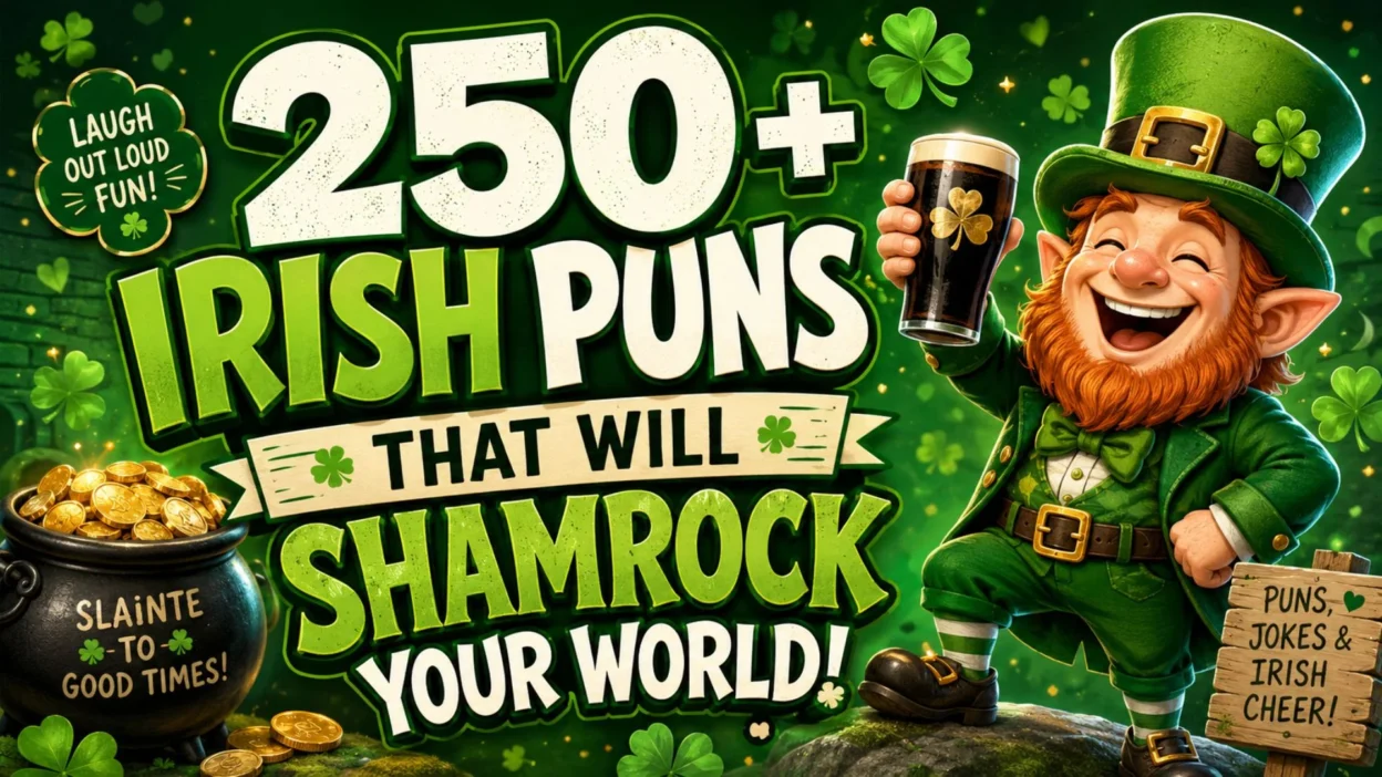250+ Irish puns with a cheerful leprechaun, shamrocks, and pot of gold