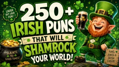 250+ Irish puns with a cheerful leprechaun, shamrocks, and pot of gold