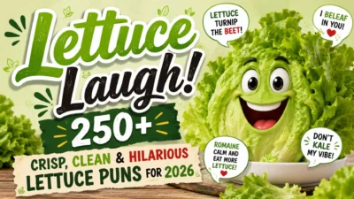 250+ funny lettuce puns for 2026 with a cheerful cartoon lettuce character and playful vegetable jokes