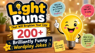 Light puns with a cheerful lightbulb and 200+ funny wordplay jokes to brighten your day