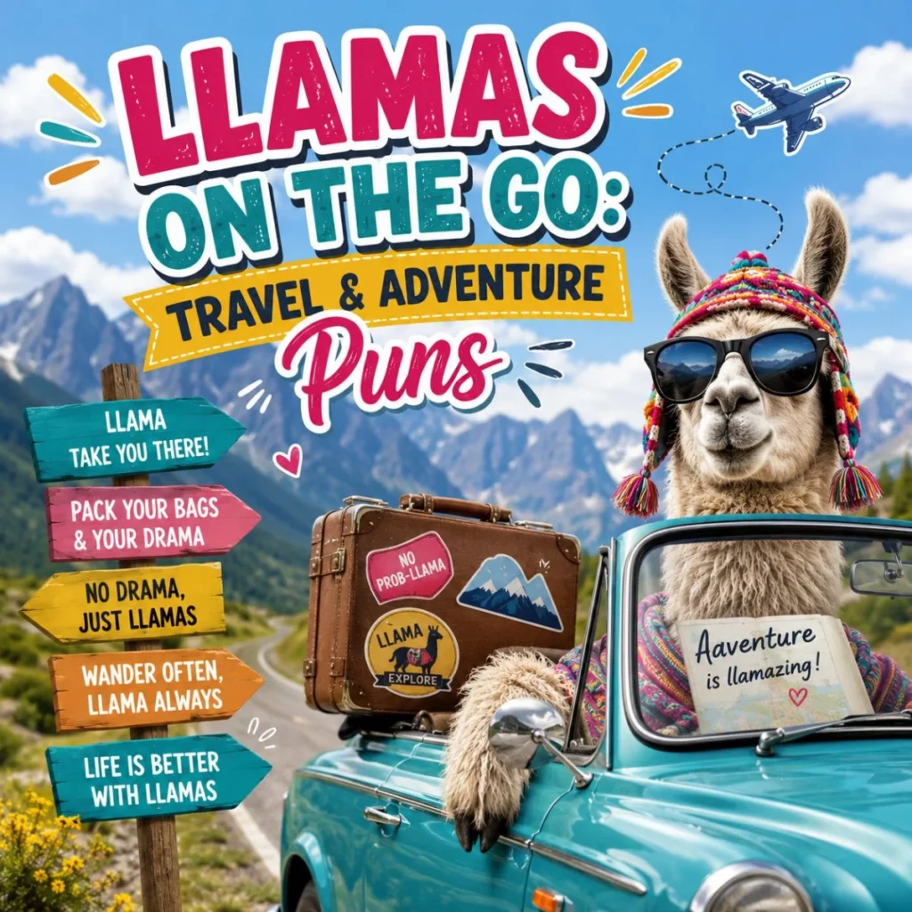 Llama wearing sunglasses drives a vintage car through mountains with funny travel and adventure puns on colorful signposts.