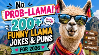 Funny llama wearing sunglasses and a colorful scarf with bold text promoting 200+ llama jokes and puns for 2026.