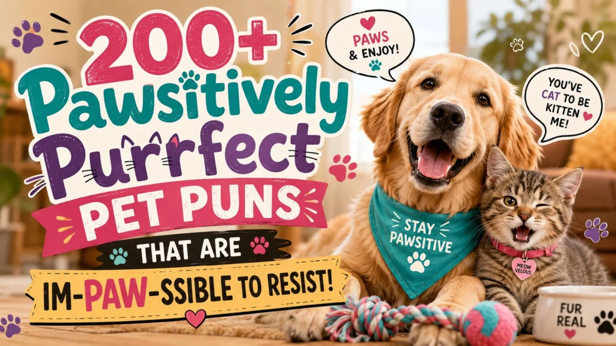 200+ funny pet puns with a cheerful golden retriever and playful tabby kitten