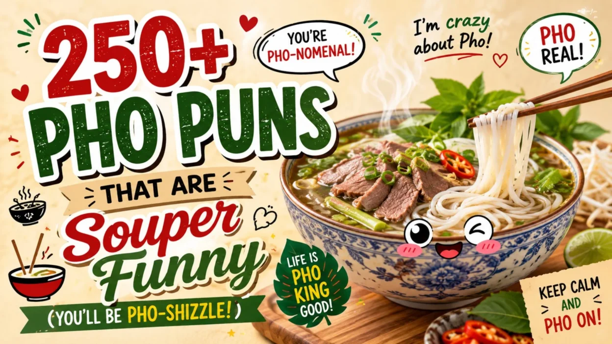 250+ pho puns graphic with a steaming Vietnamese pho bowl and playful food-themed typography