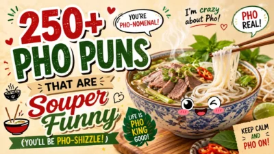 250+ pho puns graphic with a steaming Vietnamese pho bowl and playful food-themed typography