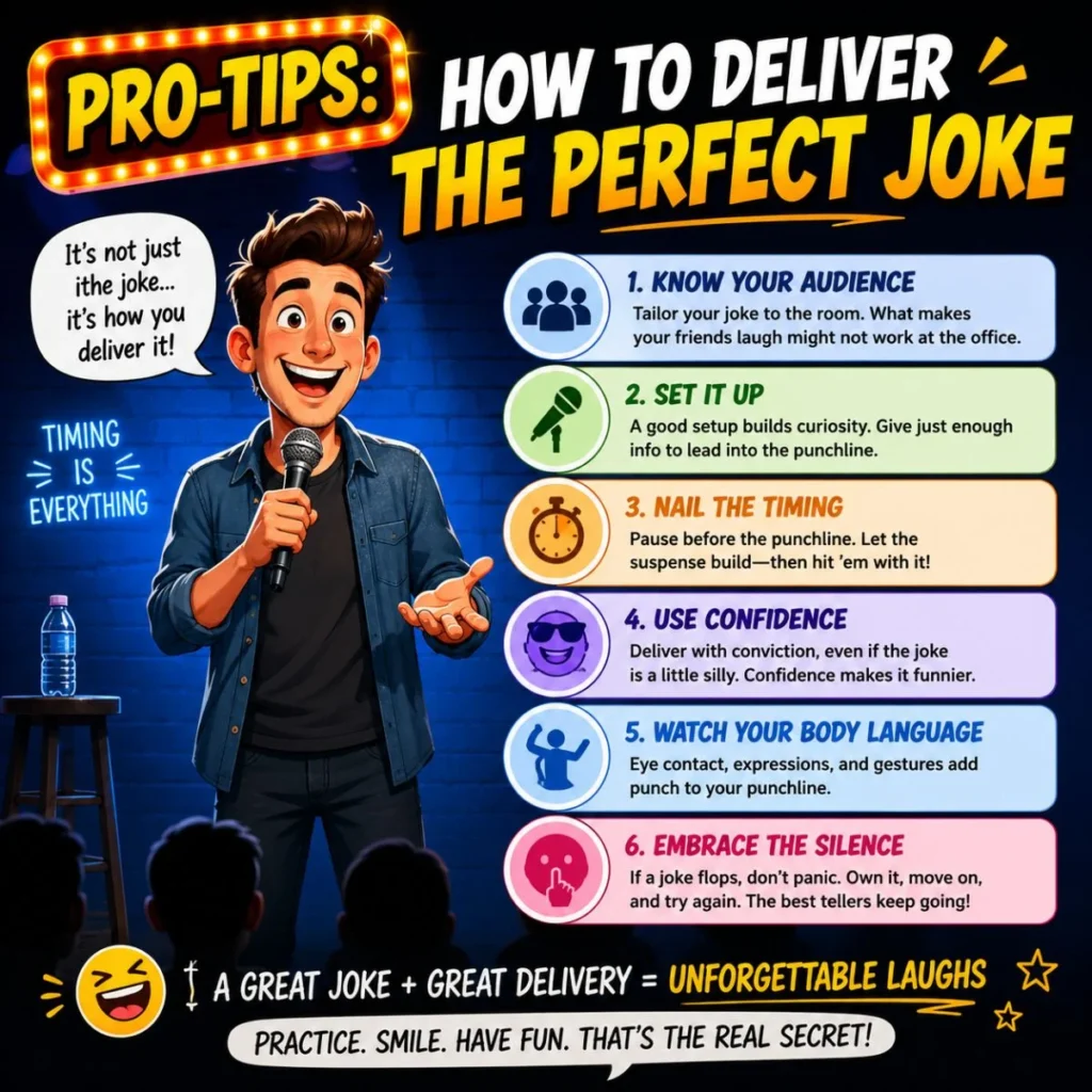 Pro tips infographic showing a stand-up comedian with six essential tips for delivering the perfect joke with confidence and timing.