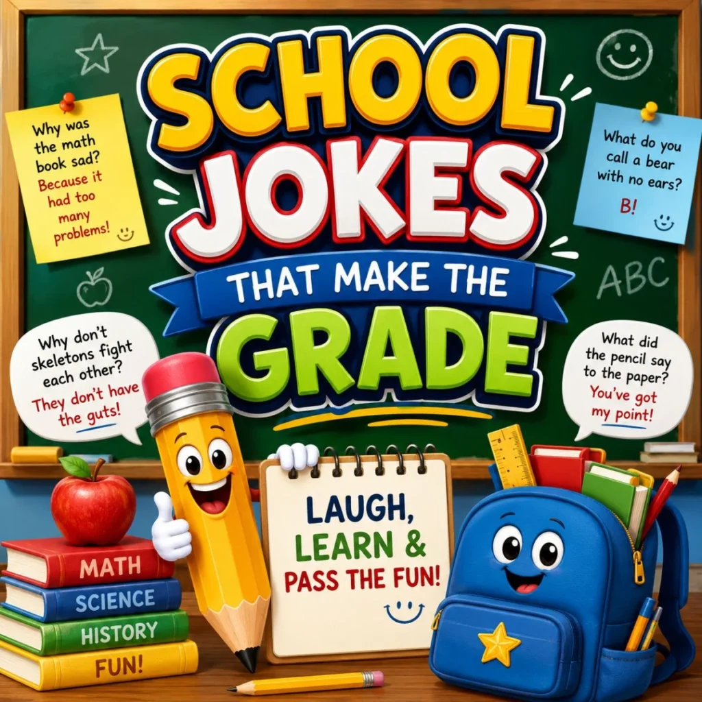 Colorful classroom illustration with a smiling pencil, backpack, chalkboard, and funny school jokes that make learning fun.