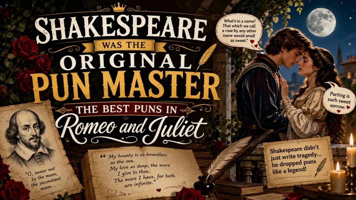 Shakespeare as the original pun master featuring Romeo and Juliet in a Renaissance scene