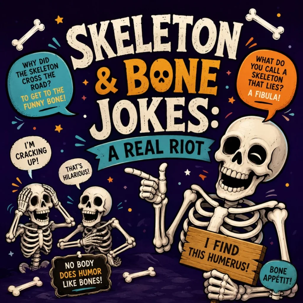 Funny skeleton and bone jokes poster with laughing skeletons, spooky puns, cartoon skulls, and Halloween-themed humor.