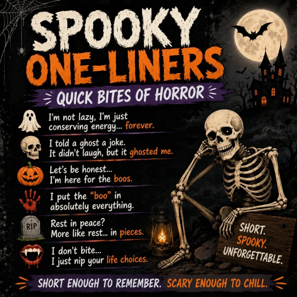 Spooky one-liners poster with skeleton, haunted house, bats, pumpkins, and funny horror jokes under a full moon