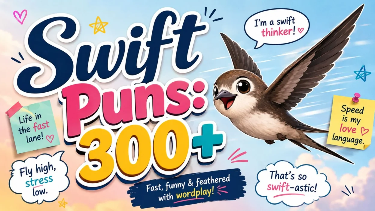 Swift puns 300+ banner with a cheerful swift bird and colorful funny wordplay