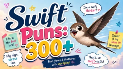 Swift puns 300+ banner with a cheerful swift bird and colorful funny wordplay