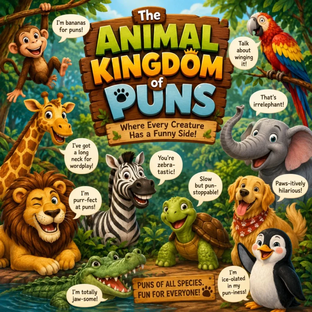Cute cartoon animals sharing funny animal puns in a colorful jungle with a wooden "The Animal Kingdom of Puns" sign.