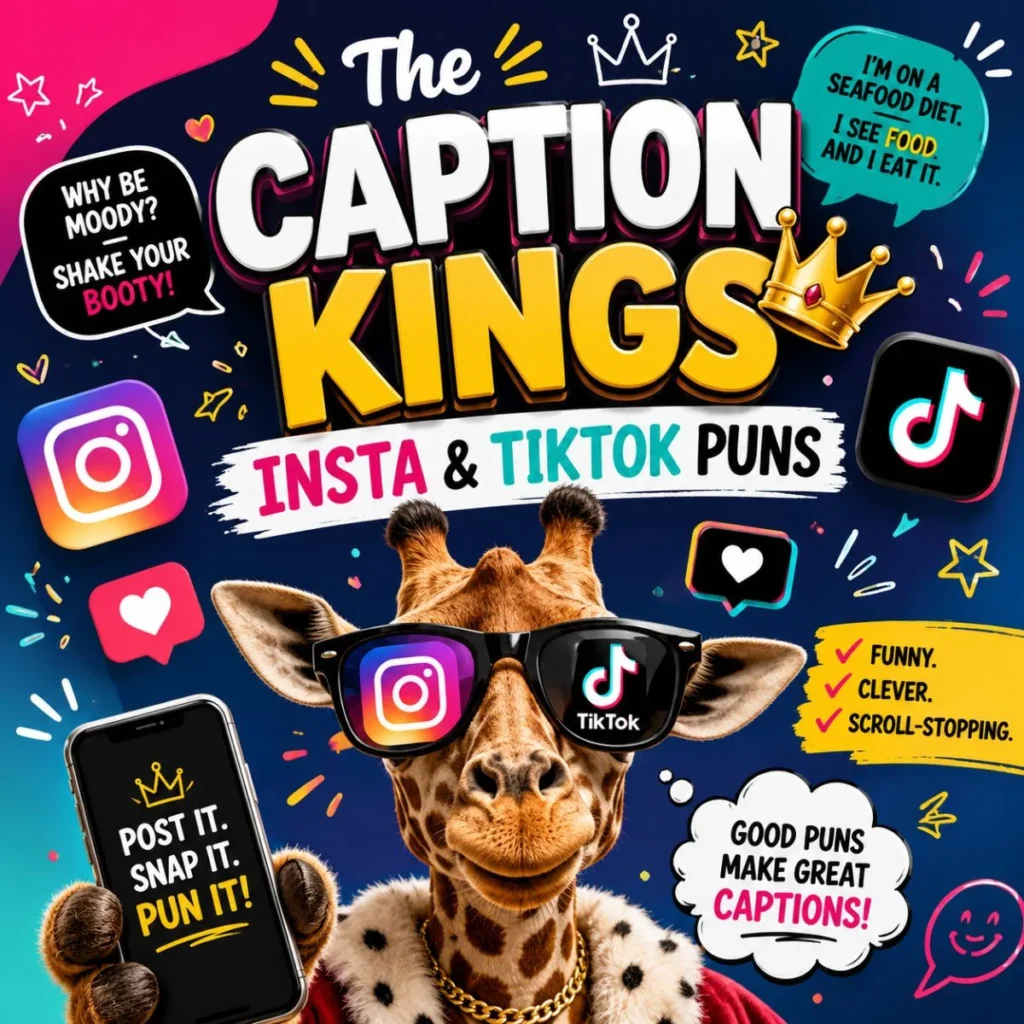 The Caption Kings poster featuring a crowned giraffe with Instagram and TikTok icons promoting funny social media caption puns.