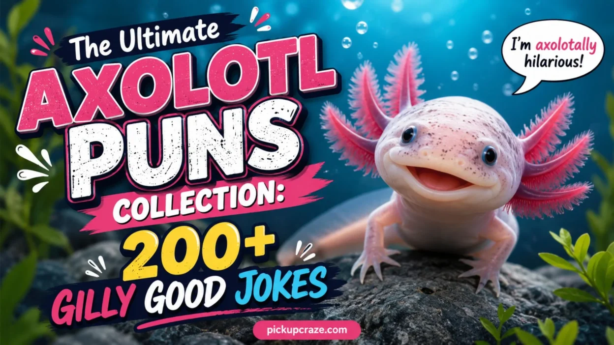 Axolotl puns collection graphic featuring a cheerful axolotl and 200+ gilly good jokes.