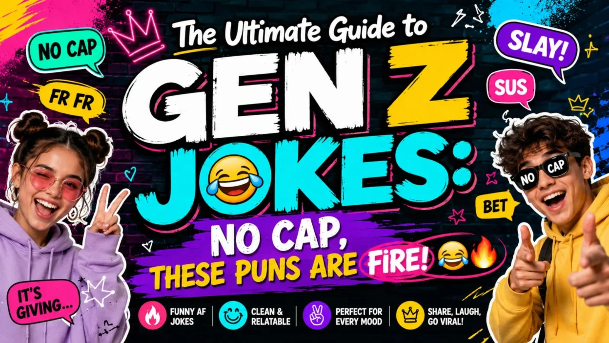Gen Z jokes banner with colorful graffiti, slang like "No Cap" and "Slay," emojis, and trendy characters on a neon background.