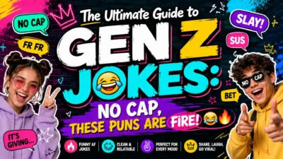 Gen Z jokes banner with colorful graffiti, slang like "No Cap" and "Slay," emojis, and trendy characters on a neon background.