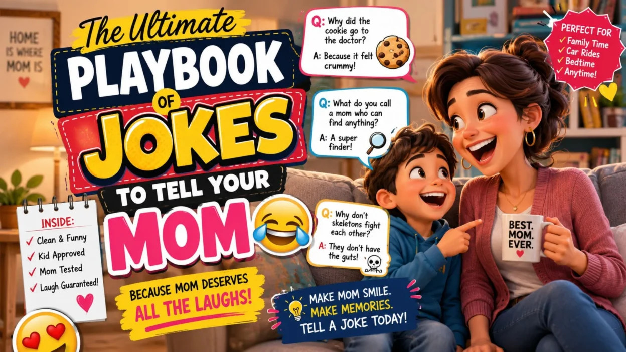 Ultimate playbook of jokes to tell your mom with a laughing mother and child sharing clean family-friendly jokes at home.