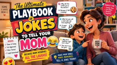 Ultimate playbook of jokes to tell your mom with a laughing mother and child sharing clean family-friendly jokes at home.