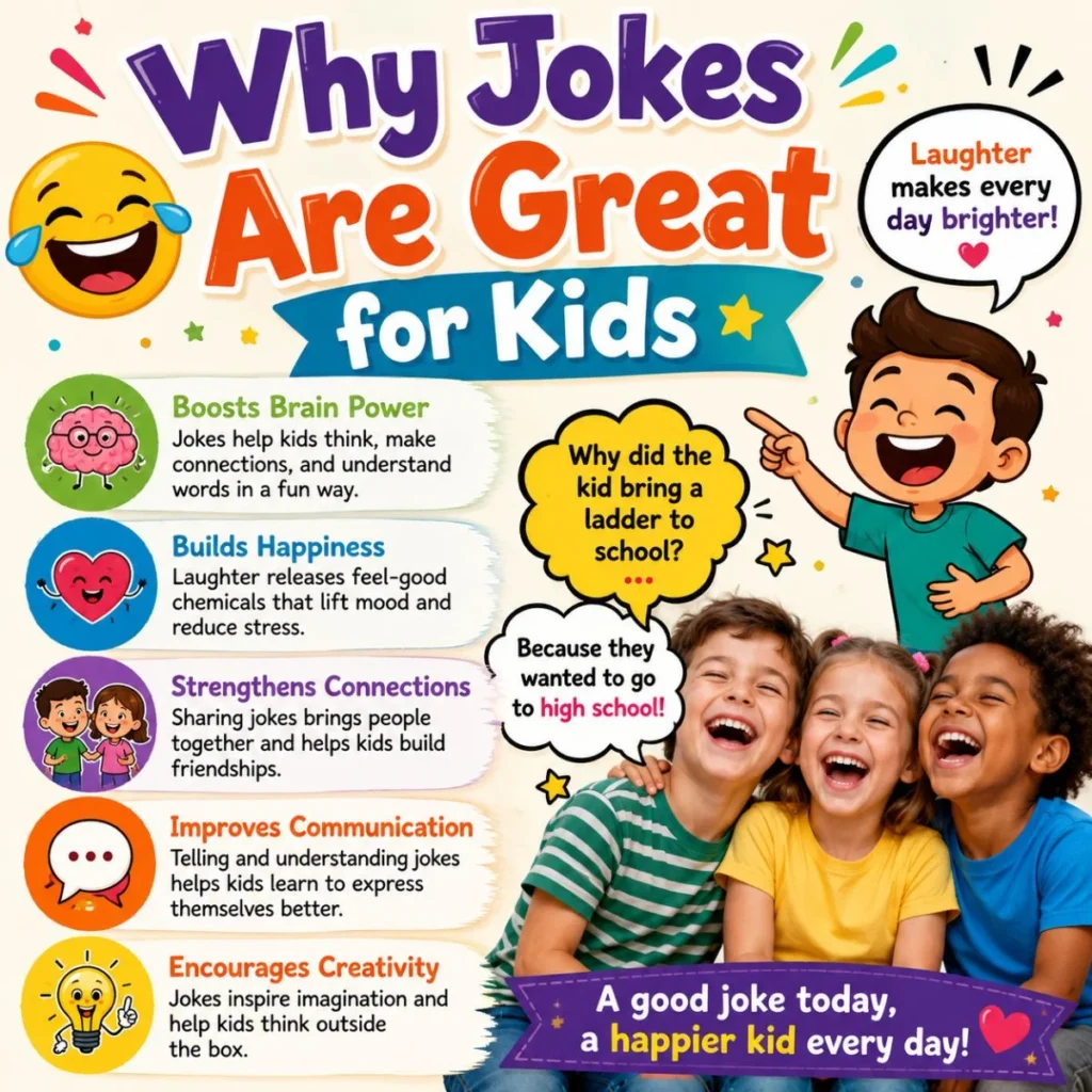Why jokes are great for kids infographic showing laughter benefits, brain development, creativity, communication, and happy children.