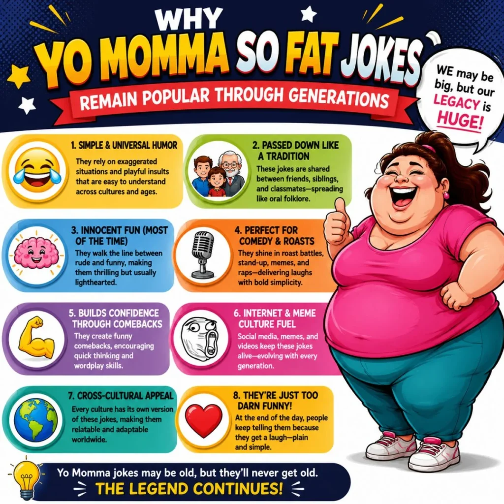 Why Yo Momma So Fat jokes remain popular through generations infographic with colourful icons and a cheerful cartoon character.