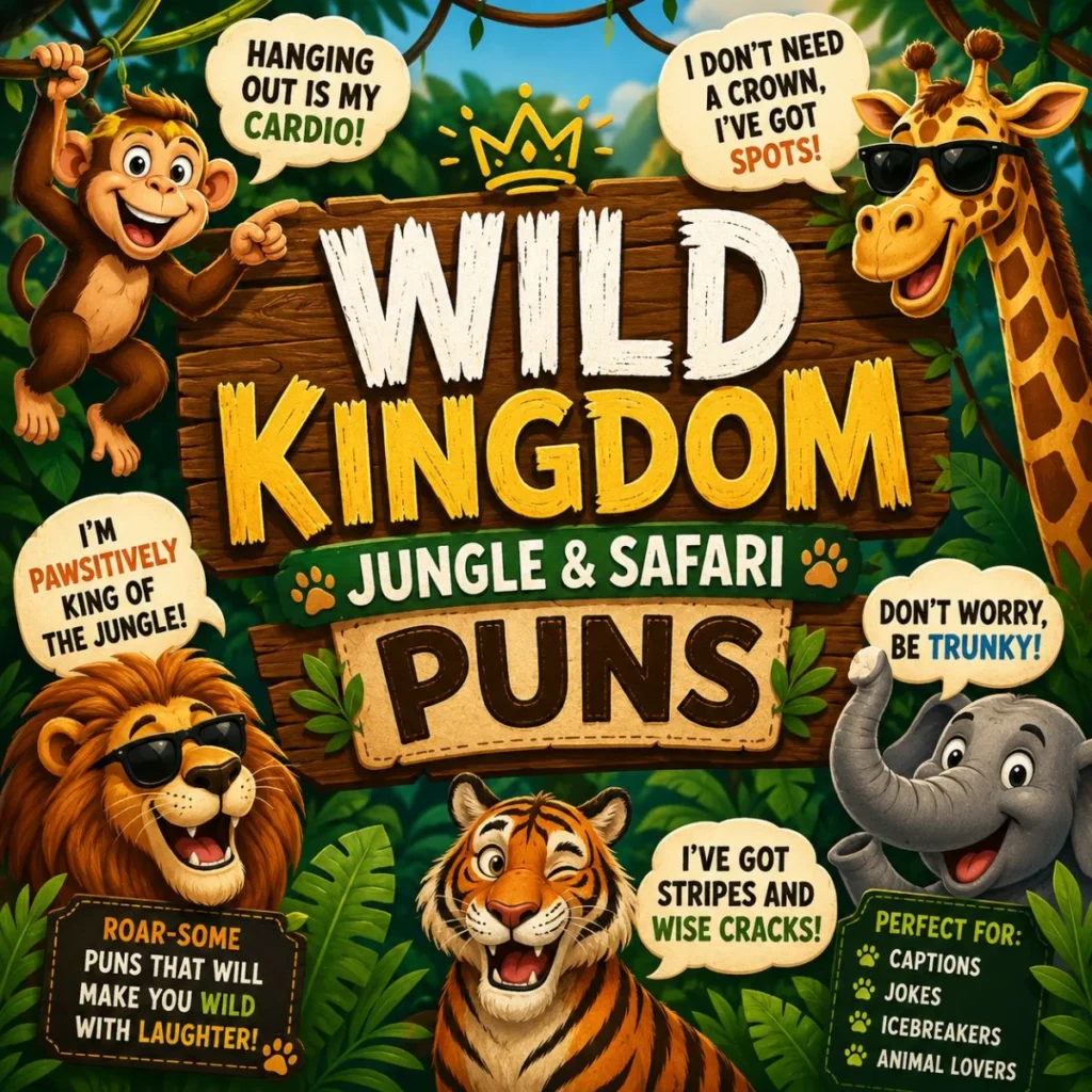 Colorful cartoon jungle and safari puns poster featuring a lion, elephant, tiger, giraffe, and monkey with funny animal jokes.