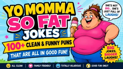 Colorful cartoon banner for 100+ clean Yo Momma so fat jokes with a smiling woman holding an ice cream cone.