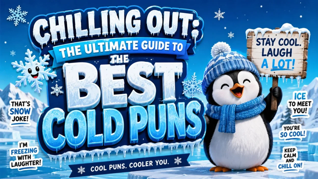 Chilling Out ultimate guide to cold puns with a cheerful penguin, snowflakes, and icy winter scenery
