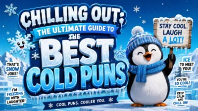 Chilling Out ultimate guide to cold puns with a cheerful penguin, snowflakes, and icy winter scenery