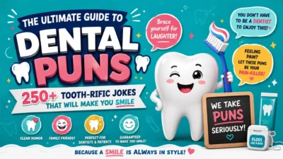 Colorful dental puns graphic with a smiling tooth mascot, toothbrush, and 250+ tooth-rific jokes