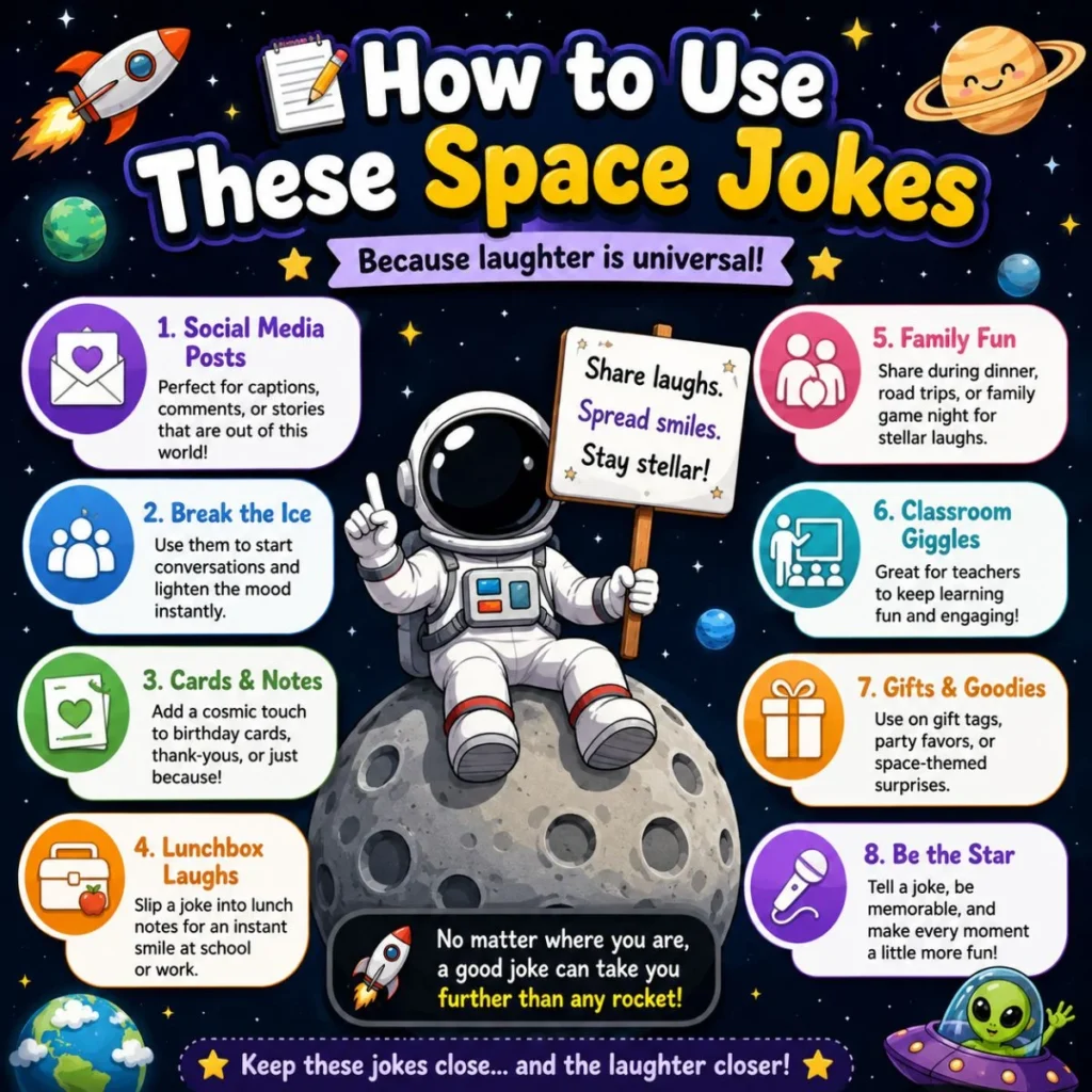 How to use space jokes with fun astronaut, planets, and creative tips for social media, classrooms, parties, and family fun.